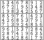 \begin{tabular}{|ccc|ccc|ccc|}\hline5&3&4&6&7&8&9&1&2\\6&7&2&1&9&5&3&4&8\\1&9&8&3&4&2&5&6&7\\\hline8&5&9&7&6&1&4&2&3\\4&2&6&8&5&3&7&9&1\\7&1&3&9&2&4&8&5&6\\ \hline9&6&1&5&3&7&2&8&4\\2&8&7&4&1&9&6&3&5\\3&4&5&2&8&6&1&7&9\\\hline\end{tabular}